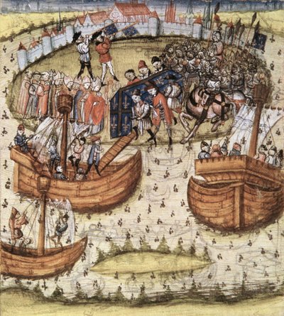 The crusaders loading St. Louis coffin on board at Tunis in 1270, from the Grandes Chroniques de France, 1450 by French School